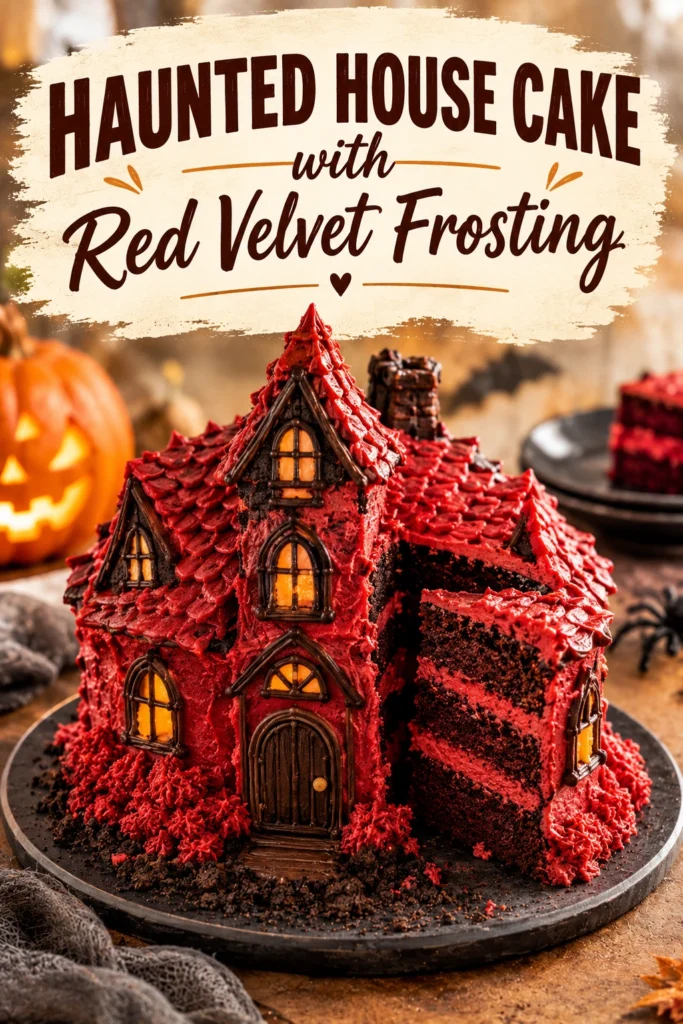 A spooky haunted house cake with black icing and dripping red velvet frosting on a white cake stand.