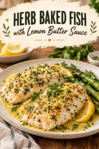 Baked fish fillets topped with fresh herbs and lemon slices, drizzled with melted butter sauce on a white plate.