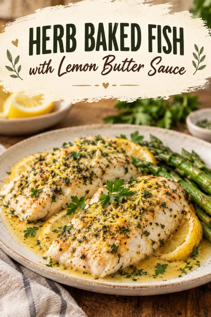 Baked fish fillets topped with fresh herbs and lemon slices, drizzled with melted butter sauce on a white plate.