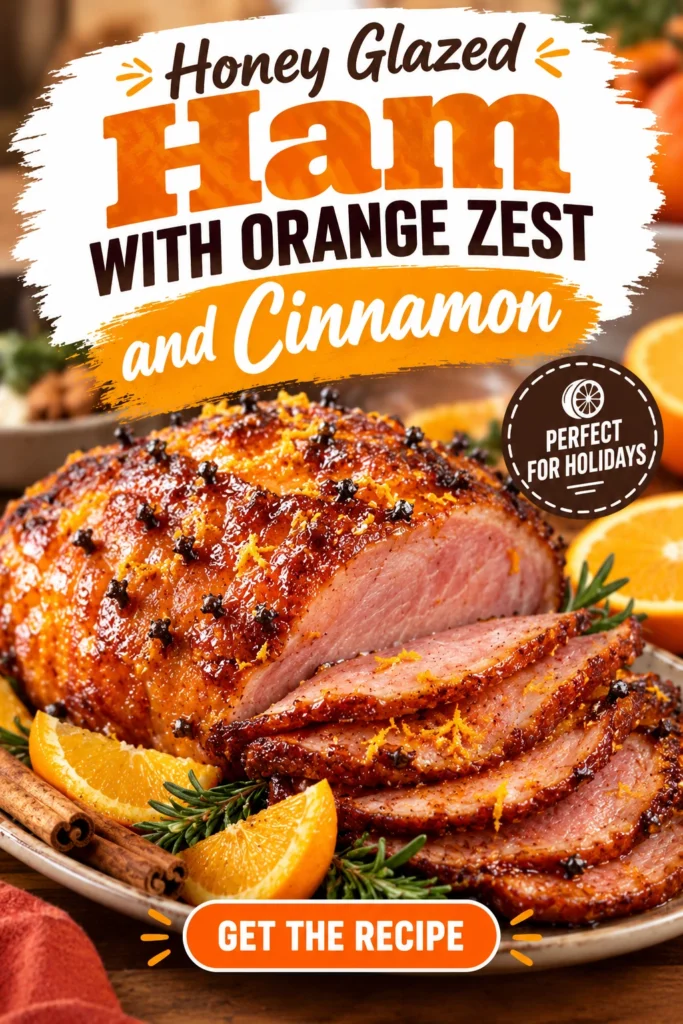 Sliced honey glazed ham on a platter, garnished with fresh orange zest and cinnamon sticks, showing a caramelized crust.