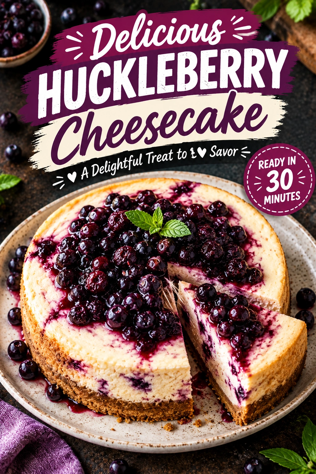 A slice of creamy cheesecake with a graham cracker crust, topped with a thick, glossy purple huckleberry sauce.