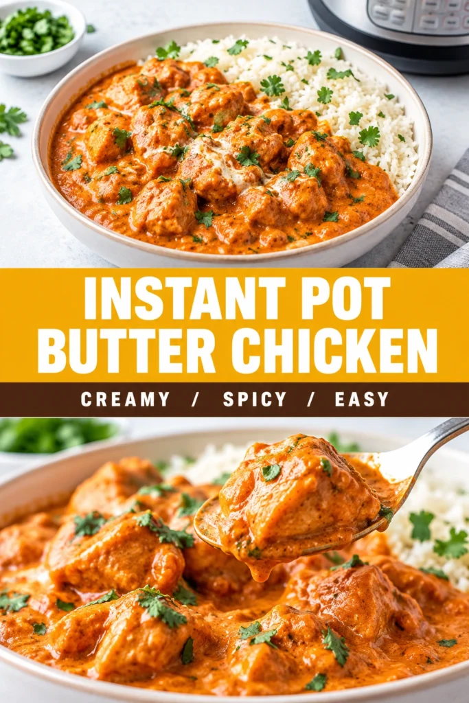 Creamy orange butter chicken in a bowl topped with fresh cilantro, served with basmati rice and warm naan bread.