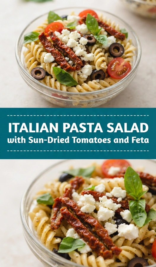 Rotini pasta salad with sun-dried tomatoes, crumbled feta cheese, fresh parsley, and black olives in a white serving bowl.