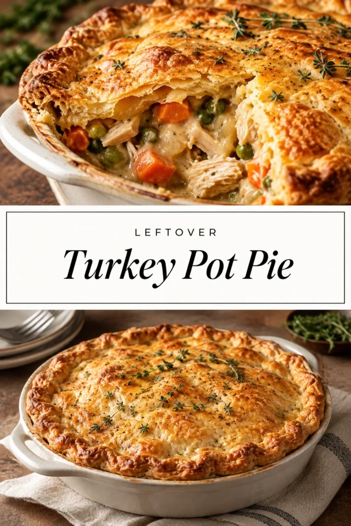 A golden-brown flaky crust topping a hearty turkey pot pie with peas and carrots, served in a ceramic baking dish.