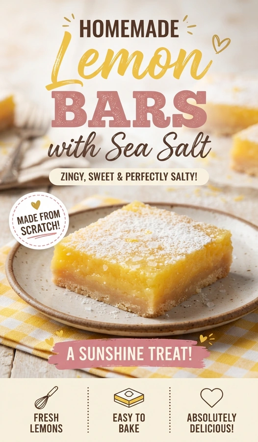 Square slices of lemon bars with a buttery shortbread crust, zesty yellow filling, and a sprinkle of sea salt.