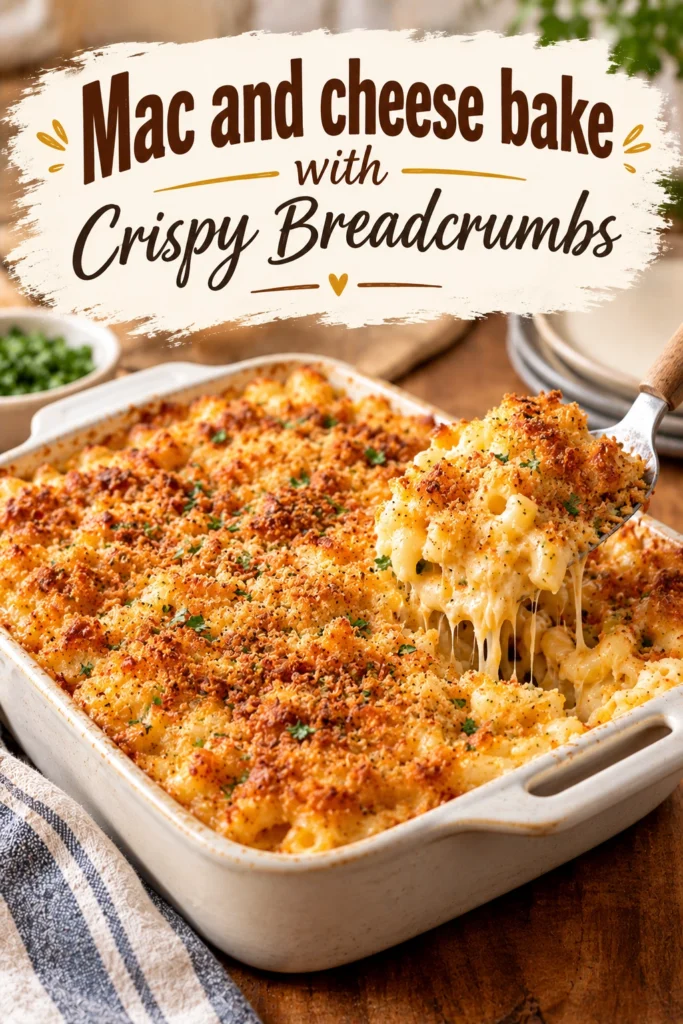 Baked macaroni and cheese in a white casserole dish topped with a layer of golden brown crispy breadcrumbs.