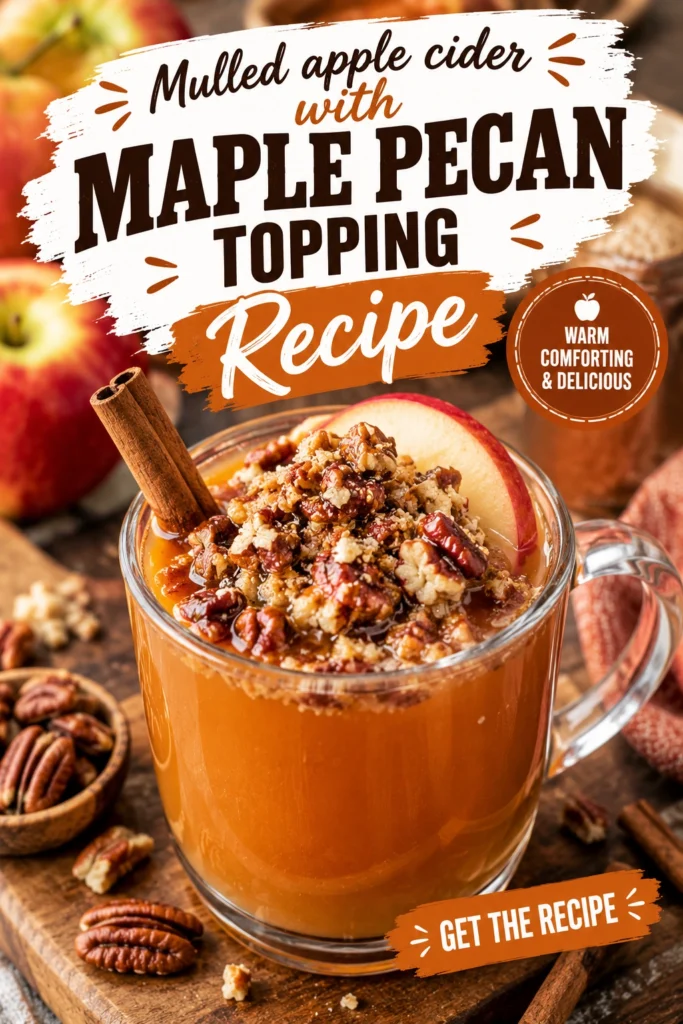 A glass mug of steaming mulled apple cider topped with a cluster of candied maple pecans and a cinnamon stick.