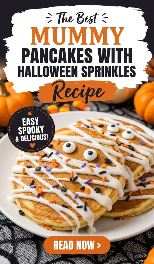 Stack of golden pancakes decorated with white icing strips to look like mummies, topped with festive Halloween sprinkles.