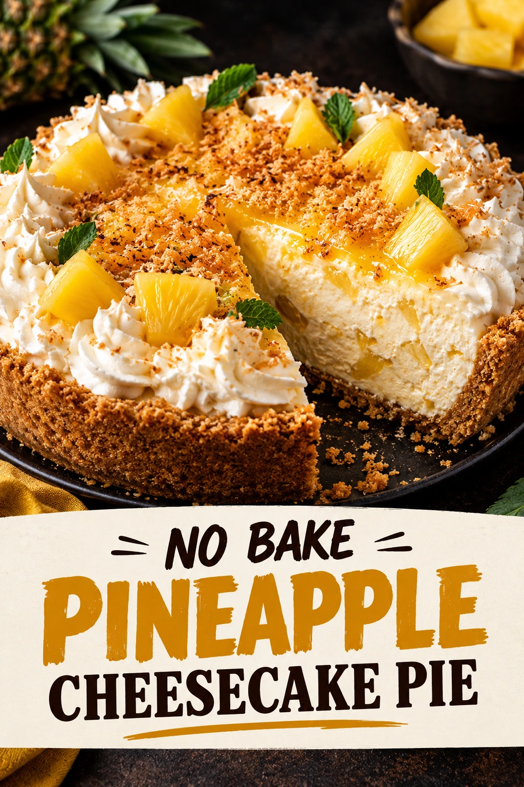 A slice of creamy pineapple cheesecake pie in a graham cracker crust, topped with pineapple chunks and whipped cream.