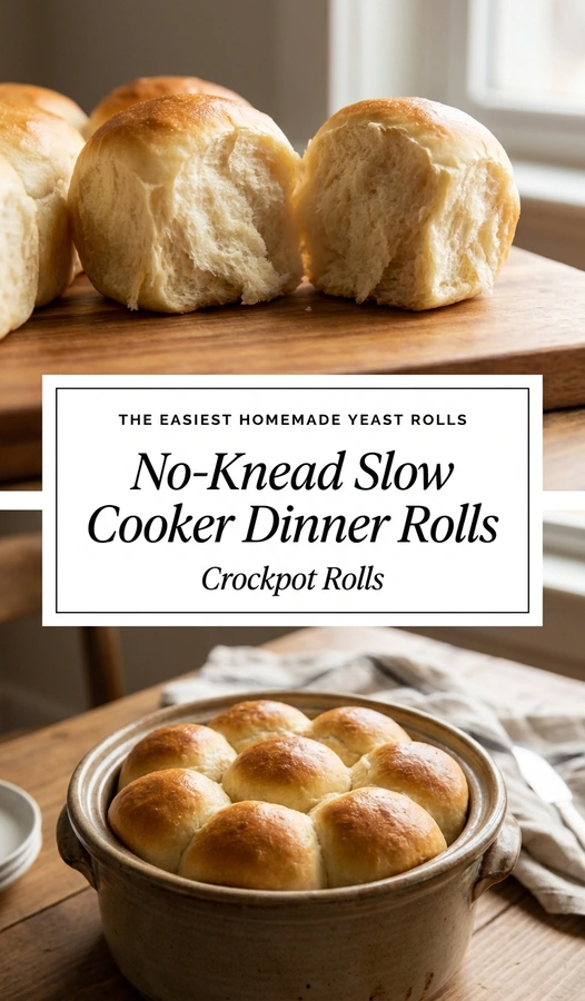 Golden brown, fluffy no-knead dinner rolls piled high in a basket, with a small pat of melted butter.