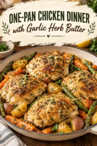 Golden brown chicken breasts and roasted baby potatoes in a skillet, topped with melted garlic herb butter and parsley.