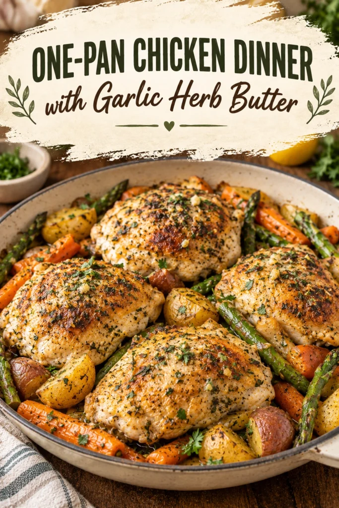 Golden brown chicken breasts and roasted baby potatoes in a skillet, topped with melted garlic herb butter and parsley.