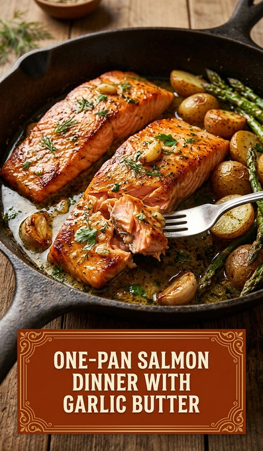 Pan-seared salmon fillets topped with melted garlic butter, served with roasted asparagus and baby potatoes in one pan.