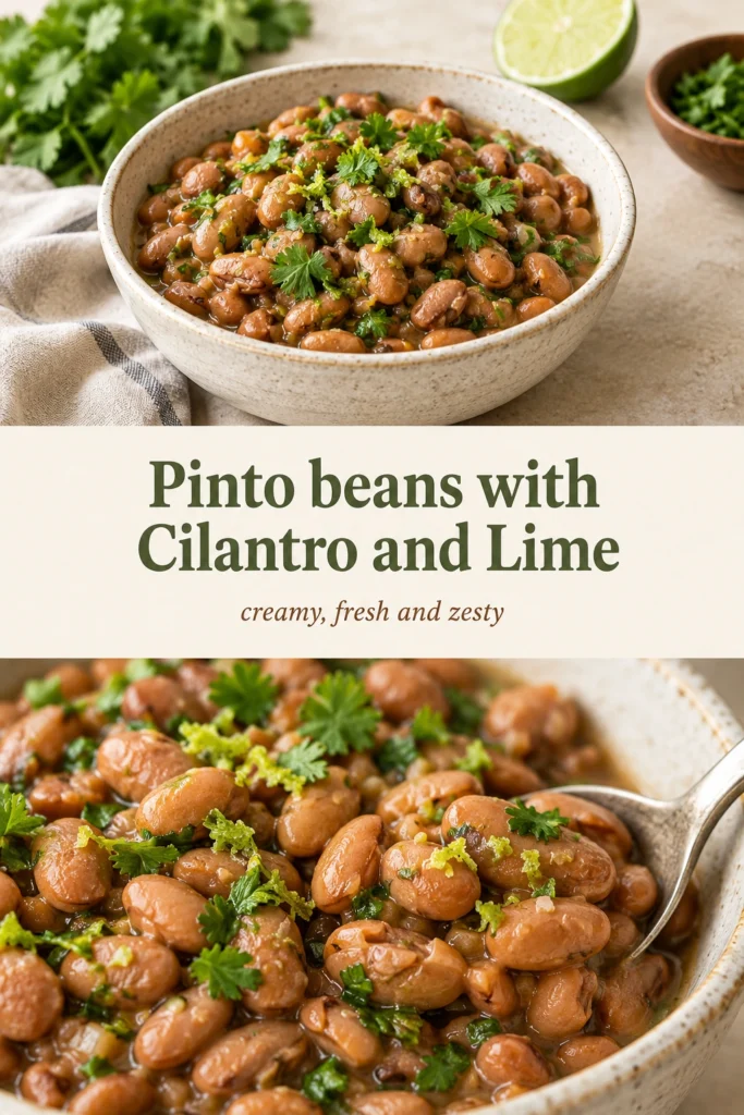 A bowl of creamy pinto beans garnished with fresh chopped cilantro and lime wedges on a rustic wooden table.