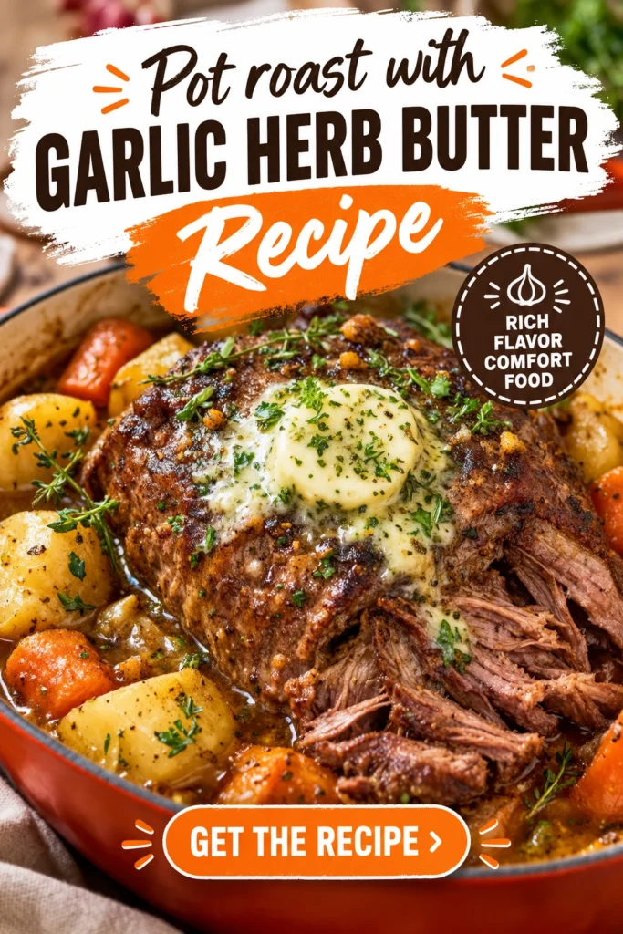 Slow-cooked pot roast topped with melting garlic herb butter, served with carrots and potatoes in a rich brown gravy.