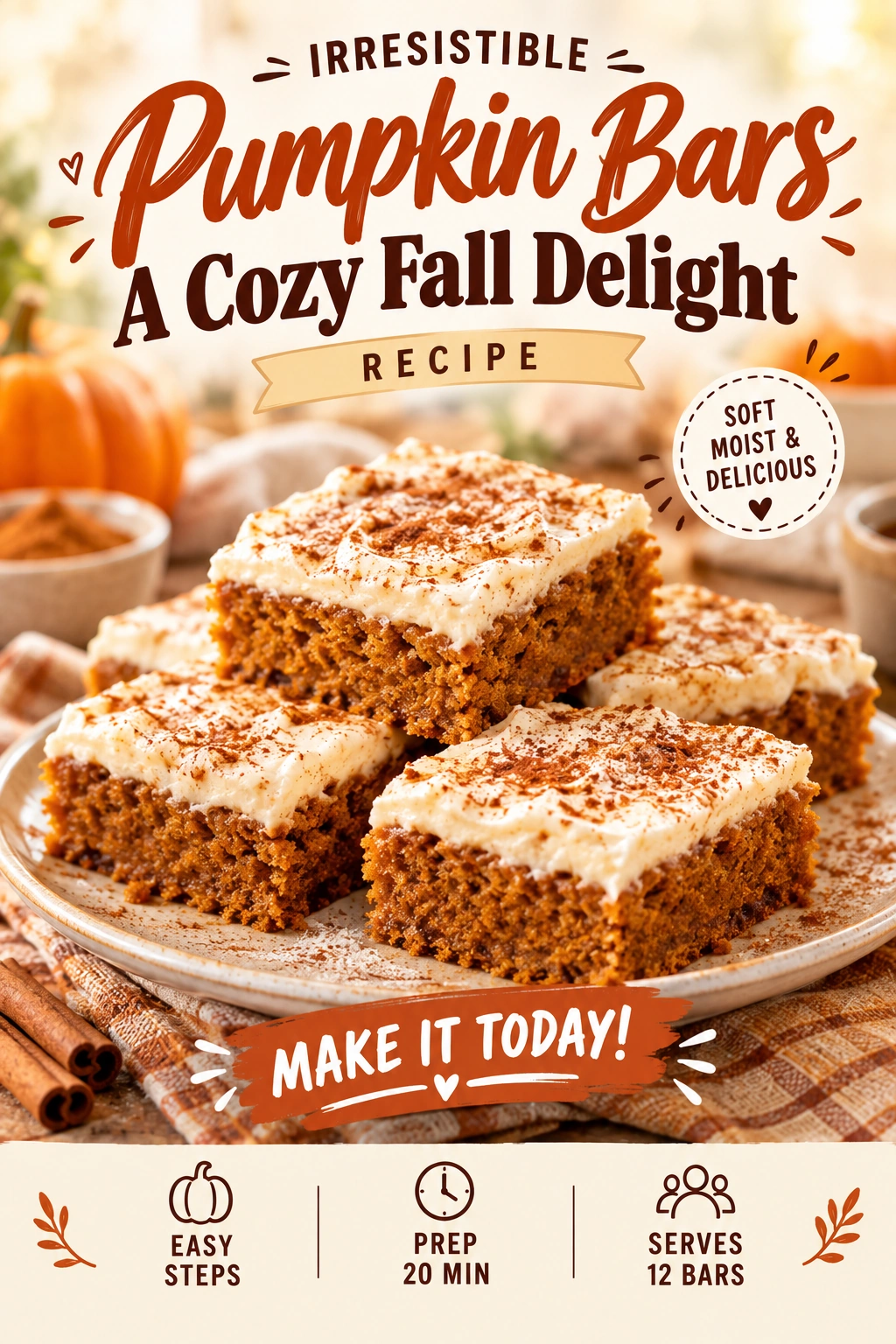 Square pumpkin bars topped with a smooth layer of cream cheese frosting, sliced into pieces on a cooling rack.