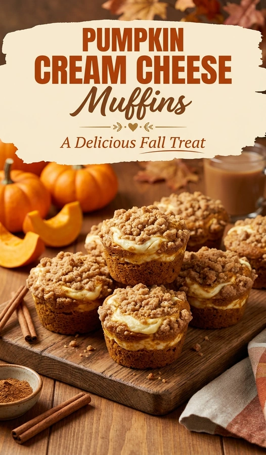 Close-up of pumpkin cream cheese muffins with a swirl of white cream cheese frosting on top in a baking tin.