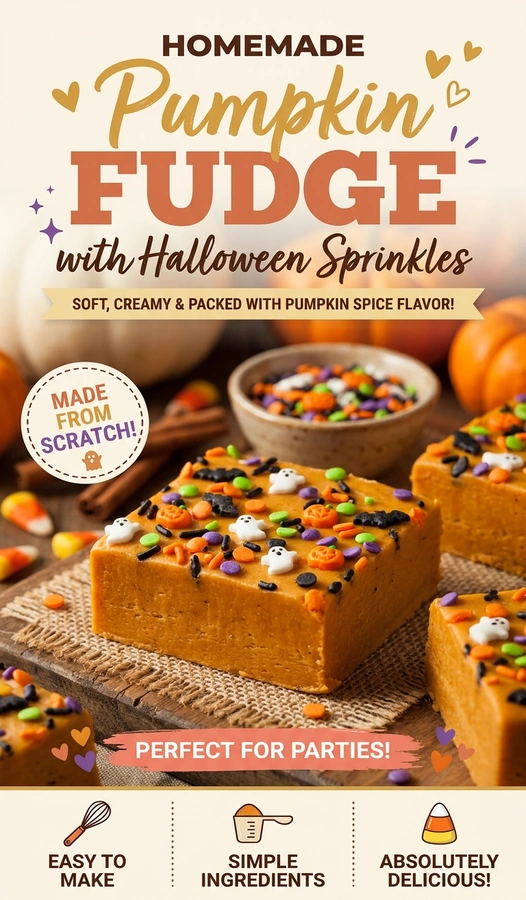 Square cuts of orange pumpkin fudge topped with orange, black, and white Halloween sprinkles on a white plate.