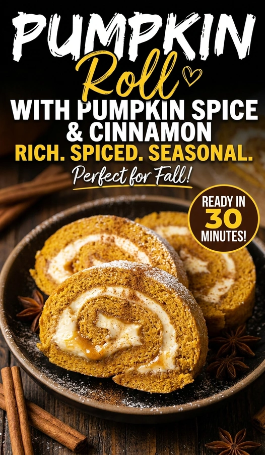 Slices of a pumpkin roll with cream cheese filling and dusted cinnamon, arranged on a plate with pumpkin spice.