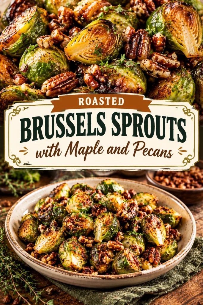 Roasted halved Brussels sprouts with caramelized edges, tossed with toasted pecan halves and a glossy maple glaze in a bowl.