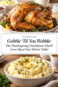 Roasted golden brown turkey on a platter garnished with fresh herbs, surrounded by stuffing, cranberry sauce, and roasted vegetables.