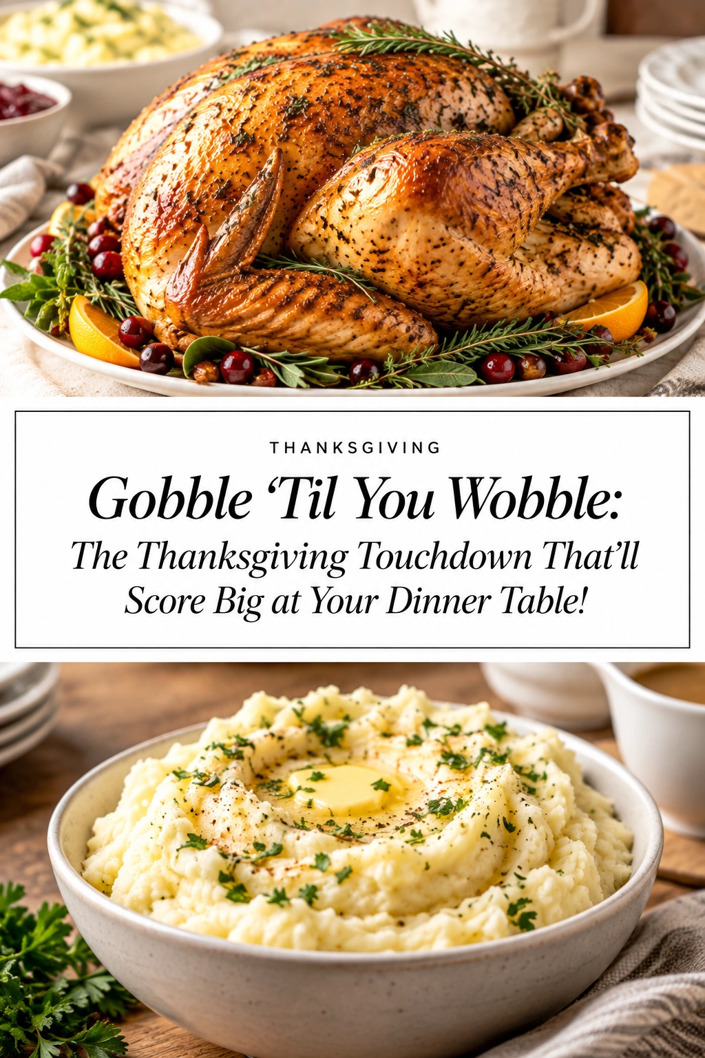 Roasted golden brown turkey on a platter garnished with fresh herbs, surrounded by stuffing, cranberry sauce, and roasted vegetables.