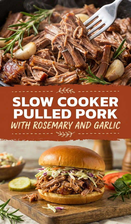 Shredded slow cooker pulled pork in a ceramic pot, garnished with fresh rosemary sprigs and cloves of garlic.