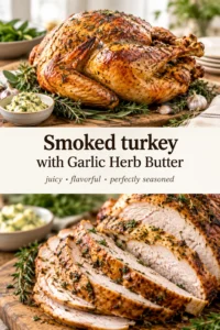 Whole smoked turkey with golden brown skin topped with melted garlic herb butter on a rustic wooden serving platter.