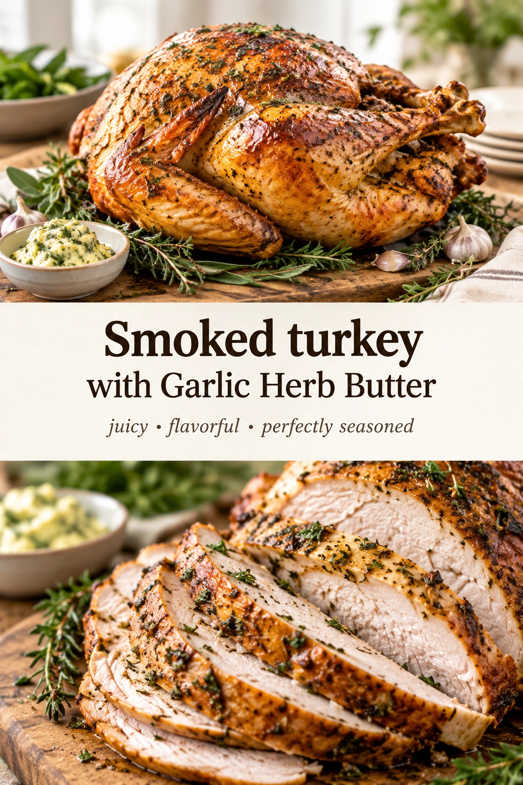 Whole smoked turkey with golden brown skin topped with melted garlic herb butter on a rustic wooden serving platter.