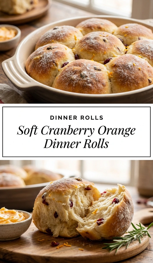 Golden brown dinner rolls studded with dried cranberries and orange zest, piled in a basket and brushed with melted butter.