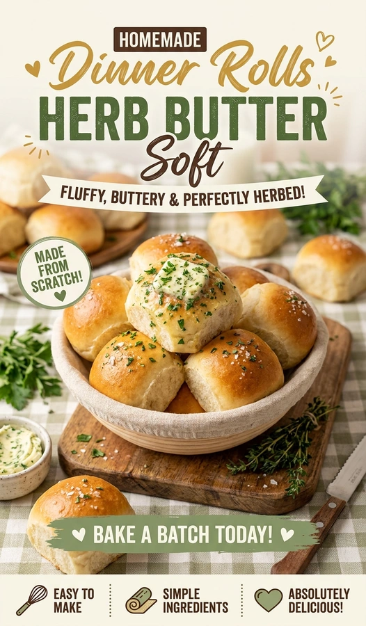 Golden brown soft dinner rolls piled in a basket, topped with melted herb butter and fresh chopped parsley.
