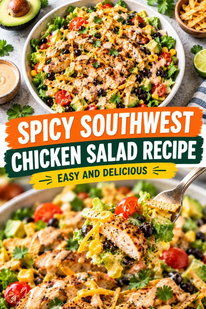 A Southwest chicken salad in a bowl with grilled chicken, corn, black beans, avocado, cherry tomatoes, and cilantro.