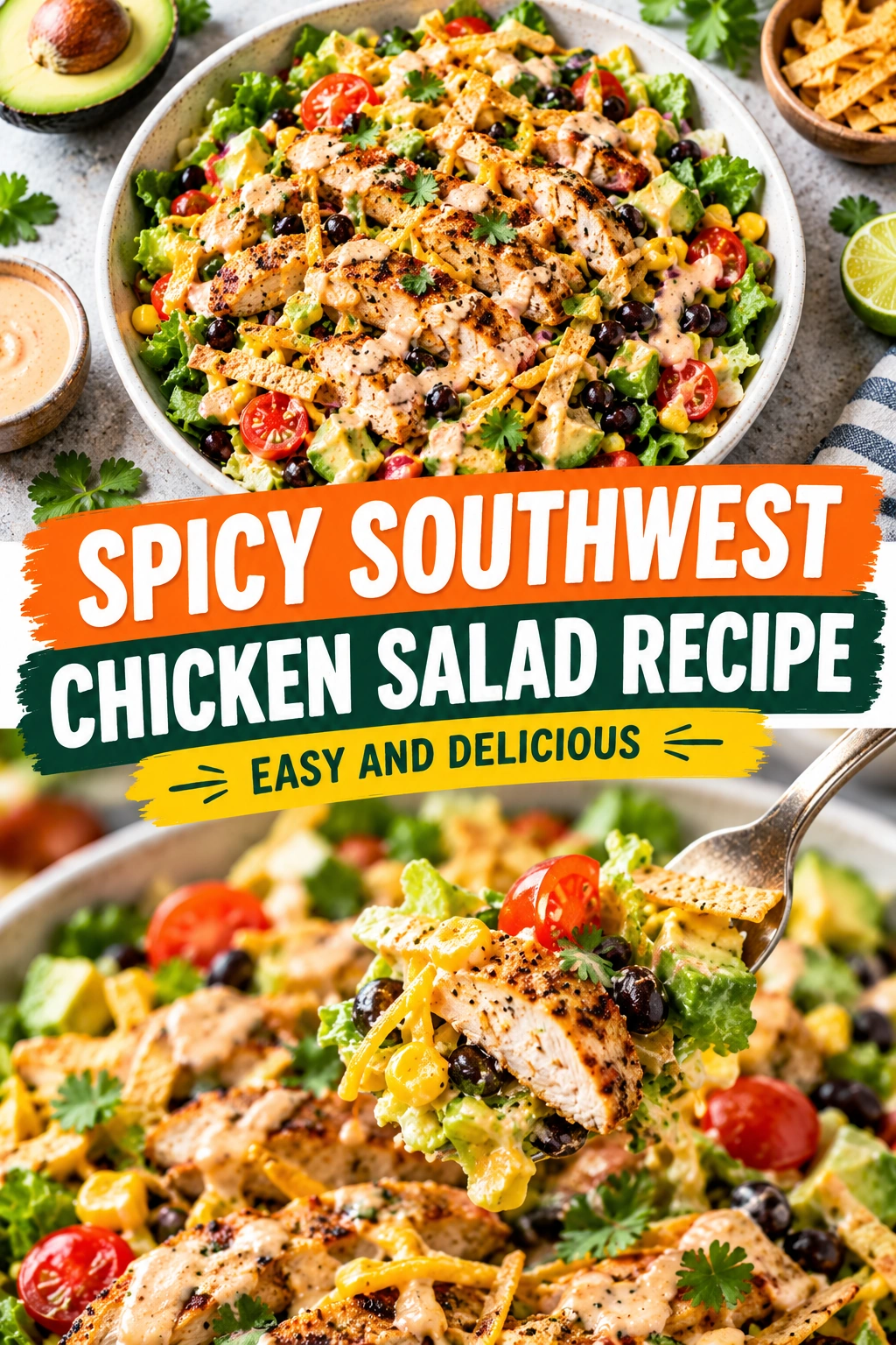 A Southwest chicken salad in a bowl with grilled chicken, corn, black beans, avocado, cherry tomatoes, and cilantro.