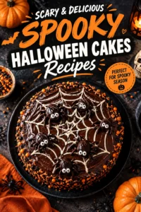 Mini Halloween cakes decorated with orange frosting, chocolate spiders, and edible eyeballs on a dark platter.
