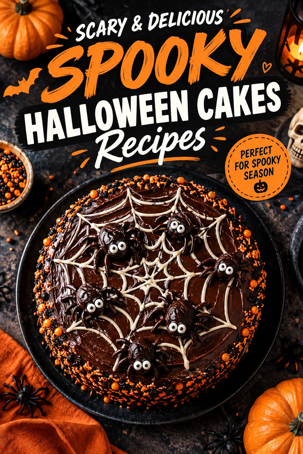 Mini Halloween cakes decorated with orange frosting, chocolate spiders, and edible eyeballs on a dark platter.