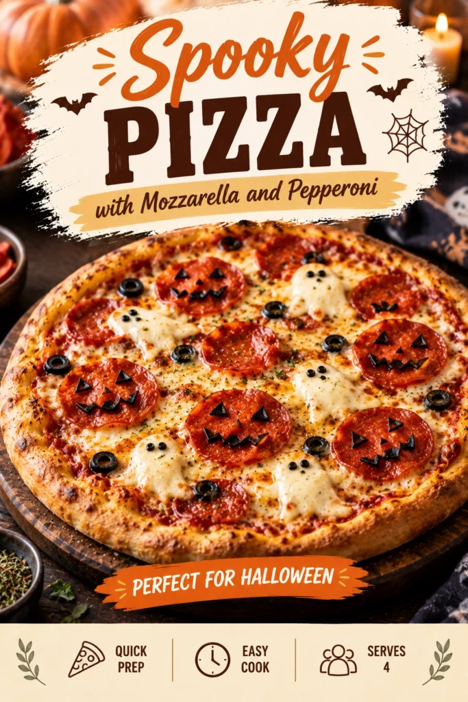Pepperoni pizza with melted mozzarella cheese, featuring pepperoni slices arranged to look like a spooky ghost face.