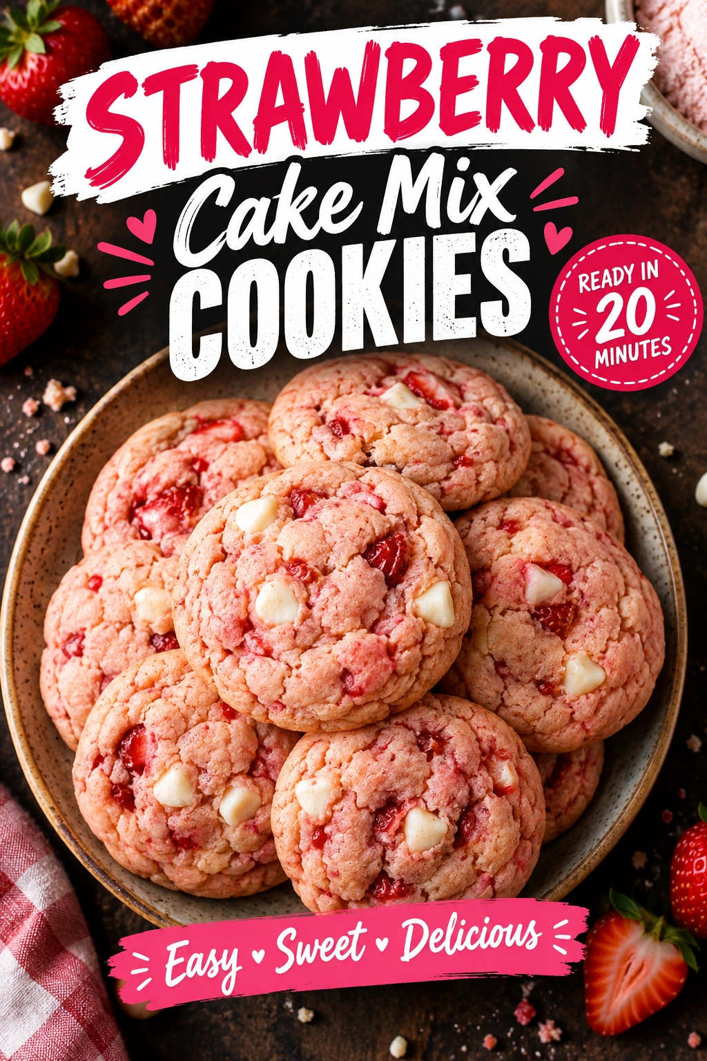 A pile of soft, pale pink strawberry cookies with a chewy texture, stacked on a white ceramic plate.