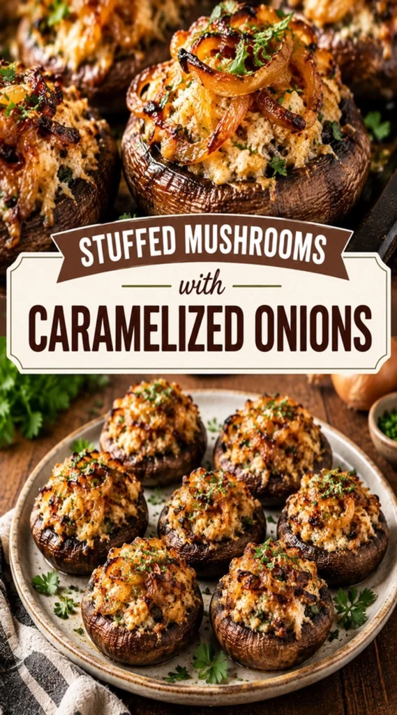 Roasted mushroom caps filled with a golden-brown mixture of caramelized onions and melted cheese on a white serving platter.