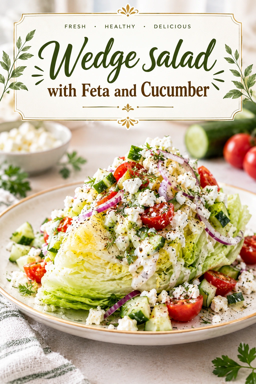 A wedge of crisp iceberg lettuce topped with crumbled feta cheese, sliced cucumbers, and a creamy dressing.