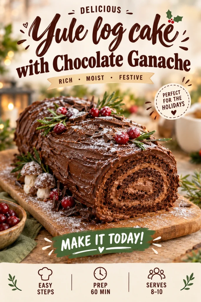 A rolled chocolate sponge cake frosted with textured chocolate ganache to look like a log, dusted with powdered sugar.