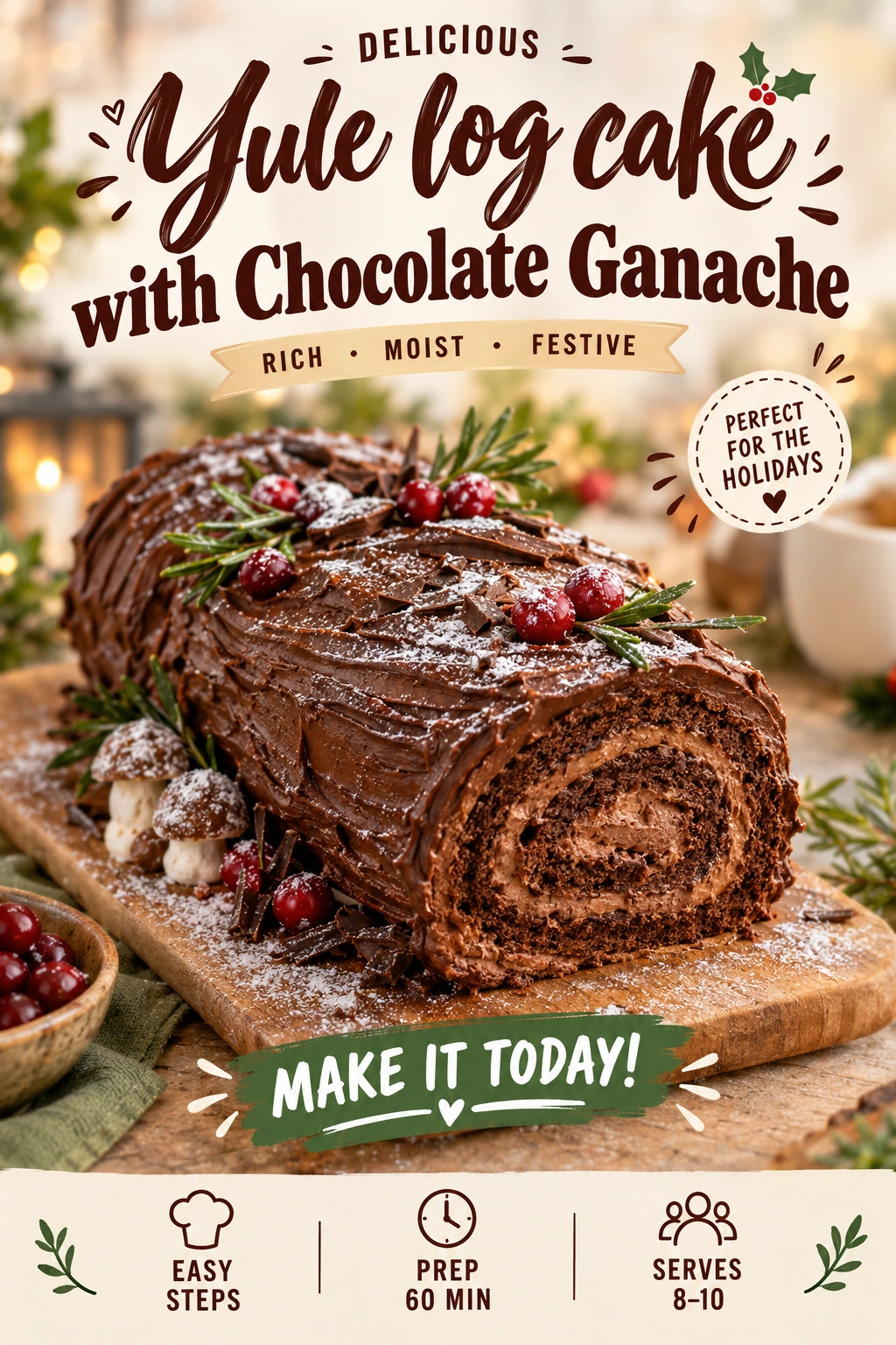 A rolled chocolate sponge cake frosted with textured chocolate ganache to look like a log, dusted with powdered sugar.