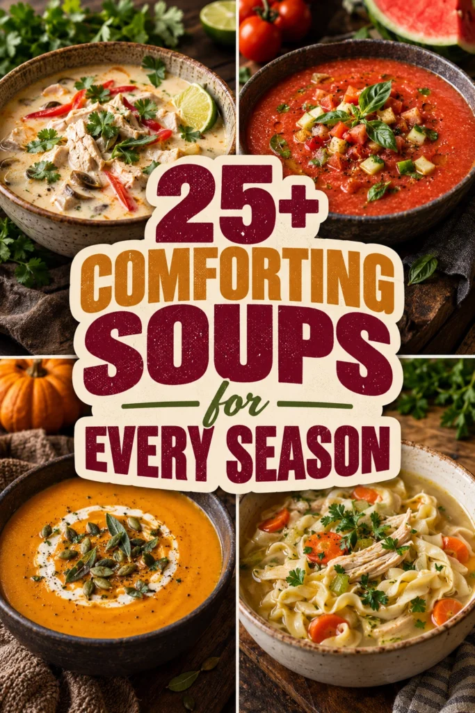 A collage of diverse comforting soup recipes arranged in a vertical listicle layout