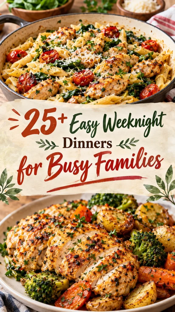 Collage of various easy weeknight dinner recipes for busy families in a vertical layout