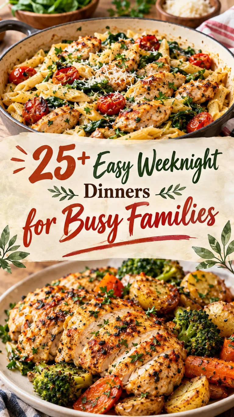 Collage of various easy weeknight dinner recipes for busy families in a vertical layout