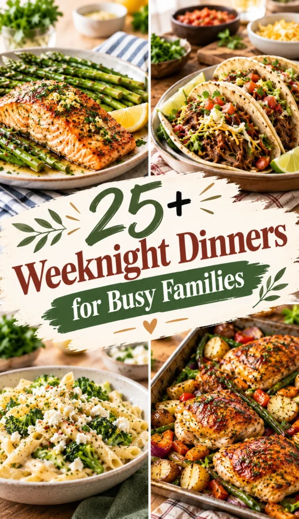 Collage of diverse easy weeknight dinner meals with a central title overlay