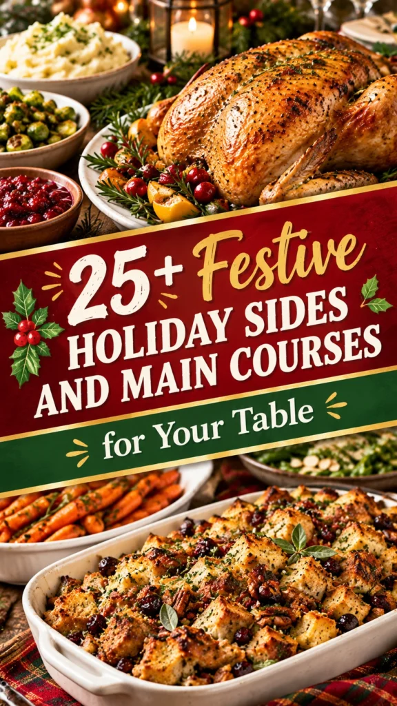A collage of festive holiday sides and main courses arranged in a listicle