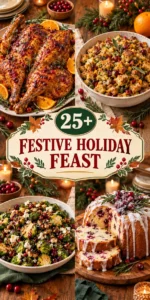 Collage of festive Thanksgiving and holiday recipes featuring roasted turkey and autumn sides