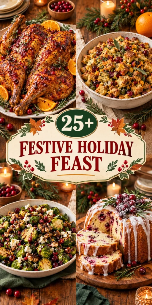 Collage of festive Thanksgiving and holiday recipes featuring roasted turkey and autumn sides