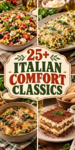 Collage of Italian comfort foods including pasta and pizza with a title overlay