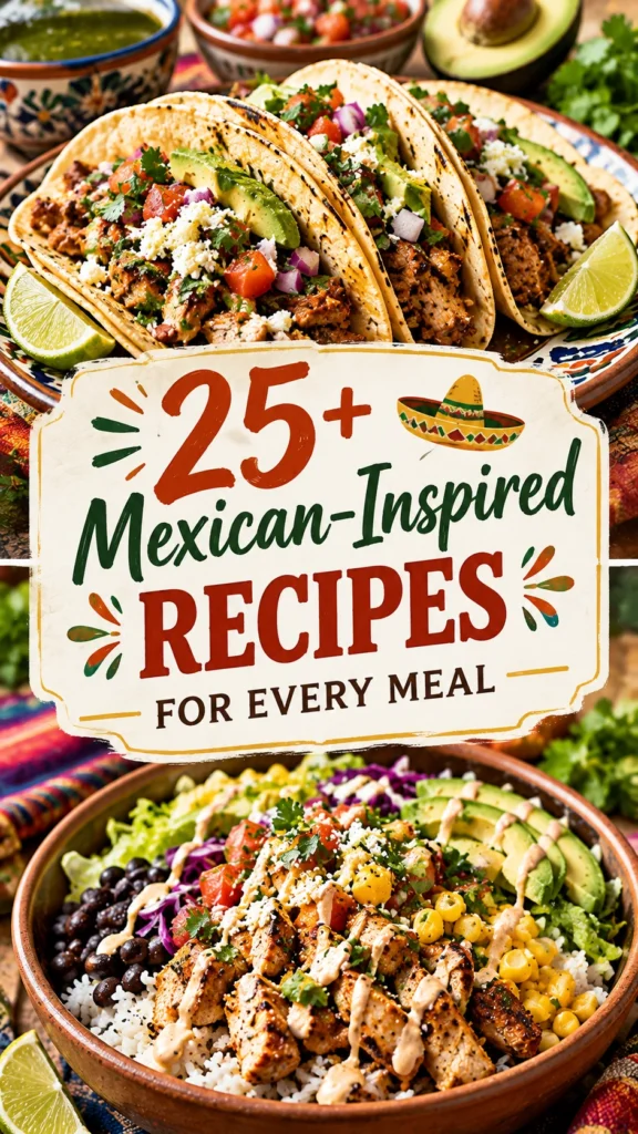 Collage of various Mexican-inspired recipes including tacos, enchiladas, and fresh salsas